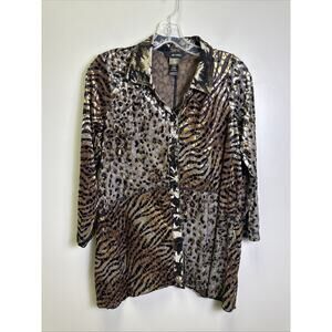 Ali Miles Tunic Top Womens M Button Up Velvet Burnout Old Money Mob Wife Cheetah